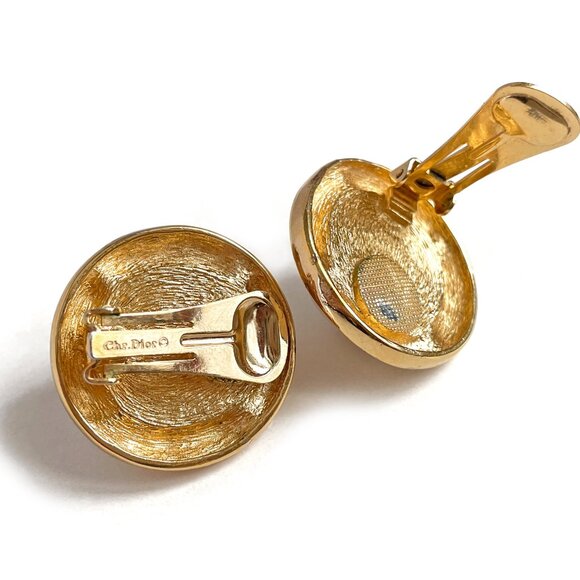 CHRISTIAN DIOR Vintage 80s 90s Gold Tone & Faux Pearl Statement Clip-On Earrings - Picture 5 of 6